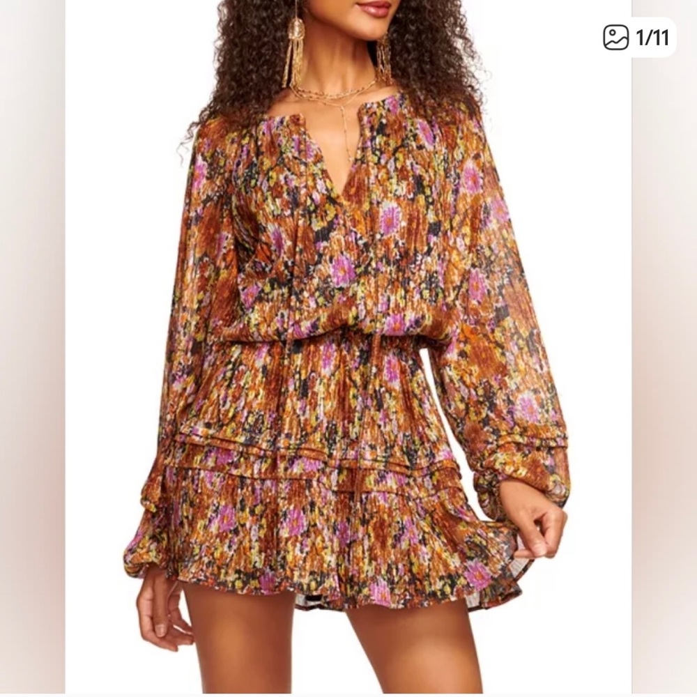 Ramy Brook Aaliyah Brown & Purple Floral Long-Sleeve Ruffled metallic Mini Dress